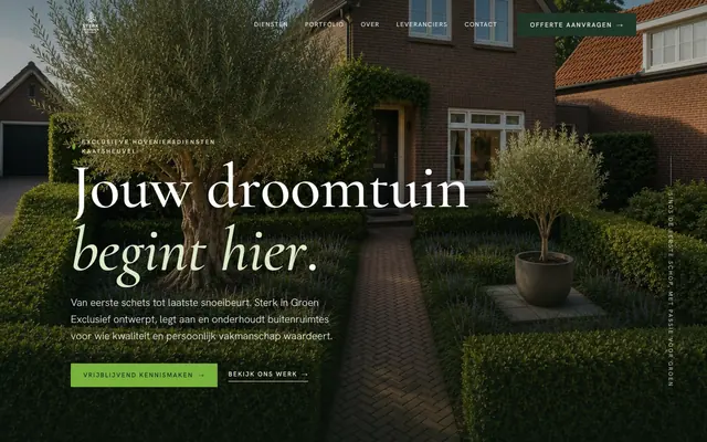 Homepage van Sterk in Groen Exclusief met een voortuin, een olijfboom en de kop Jouw droomtuin begint hier