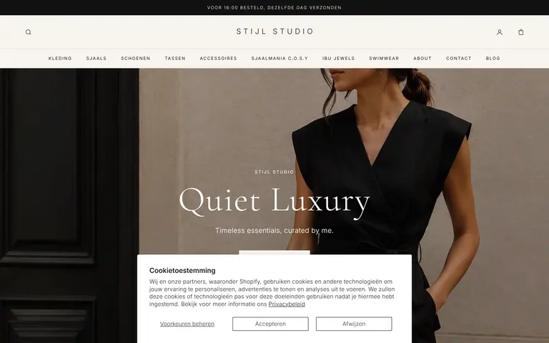 Homepage van de webshop Stijl Studio met de kop Quiet Luxury en nieuwe producten